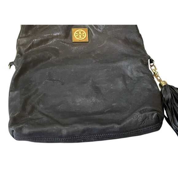 Tory Burch Soft Black Leather Foldover Convertible Crossbody Shoulder Tote Bag - Picture 3 of 8